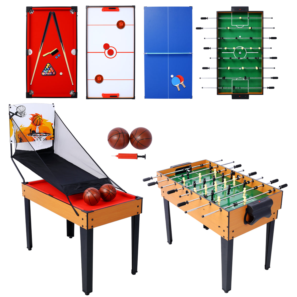 Versatile 5-in-1 Multi-Game Table with Billiards, Foosball & More, Brown/Red