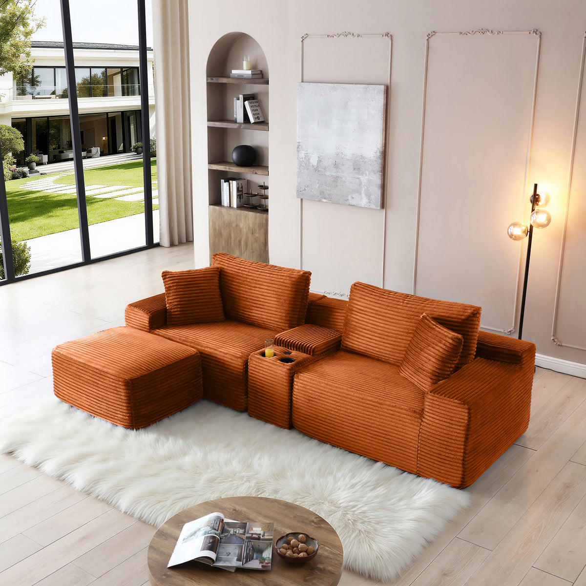Plush Deep-Seat Corduroy Cloud Sectional with Storage, Charging & Movable Ottoman