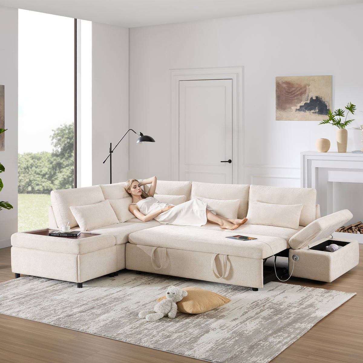 Versatile 107" L-Shaped Sleeper Sectional with Storage Ottoman & Fast Charging