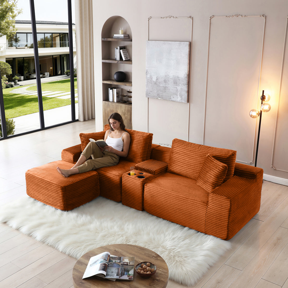 Plush Deep-Seat Corduroy Cloud Sectional with Storage, Charging & Movable Ottoman