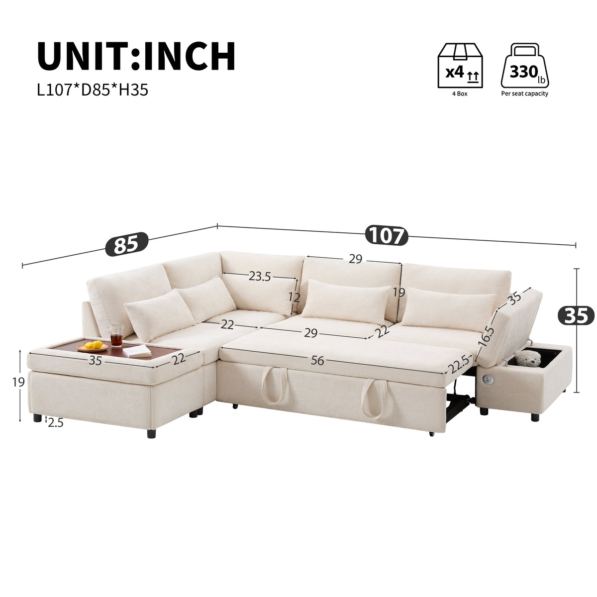 Versatile 107" L-Shaped Sleeper Sectional with Storage Ottoman & Fast Charging