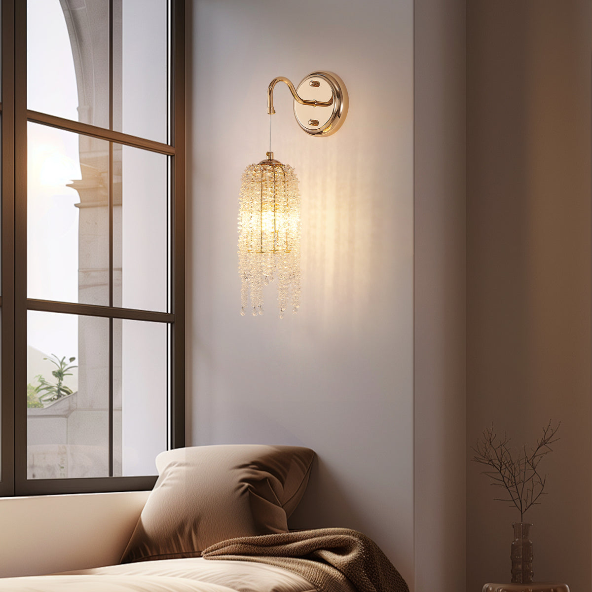 Glamorous Cascading Crystal Bead Wall Sconces, Set of 2, Gold