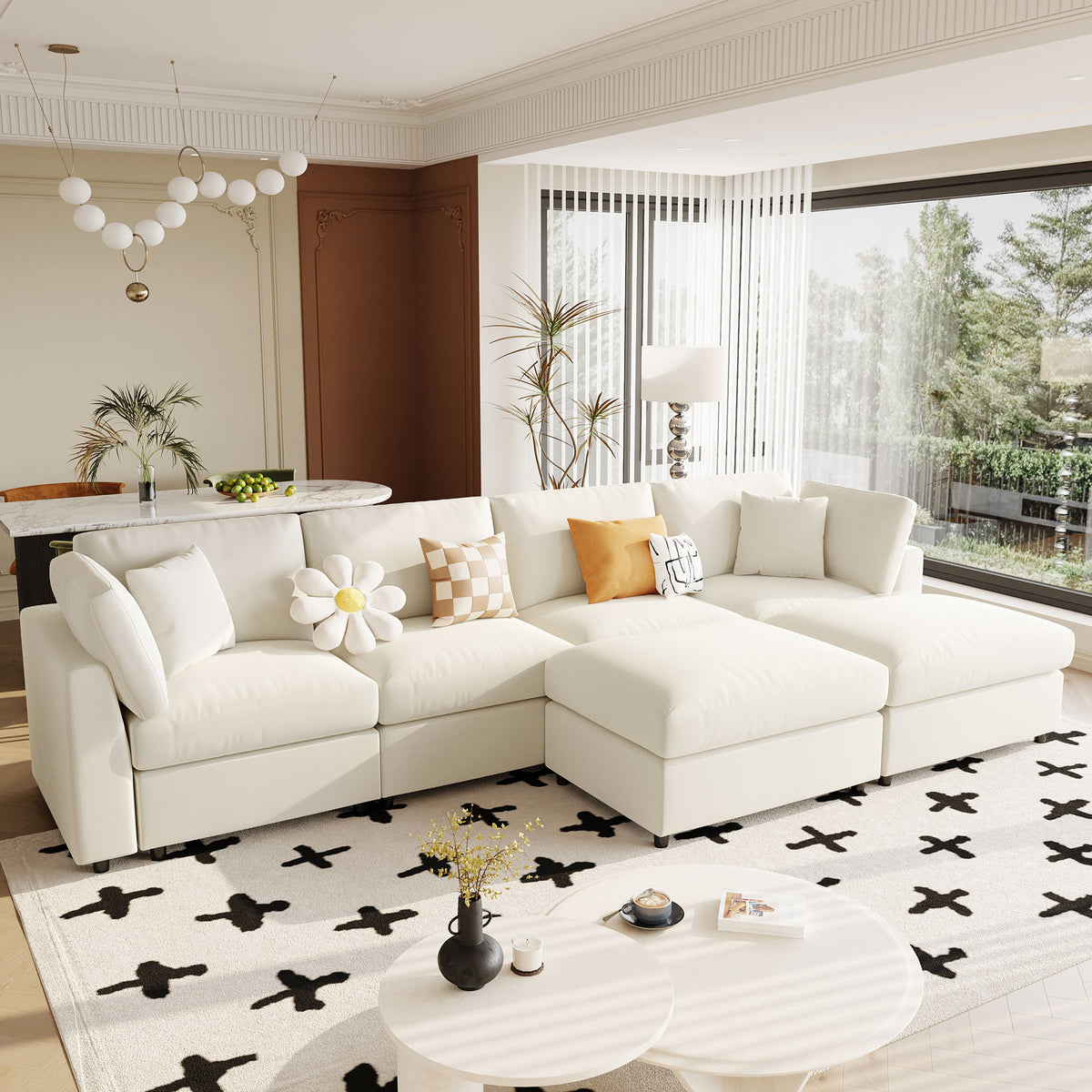 Spacious 128" U-Shaped Modular Sectional with Dual Movable Ottomans