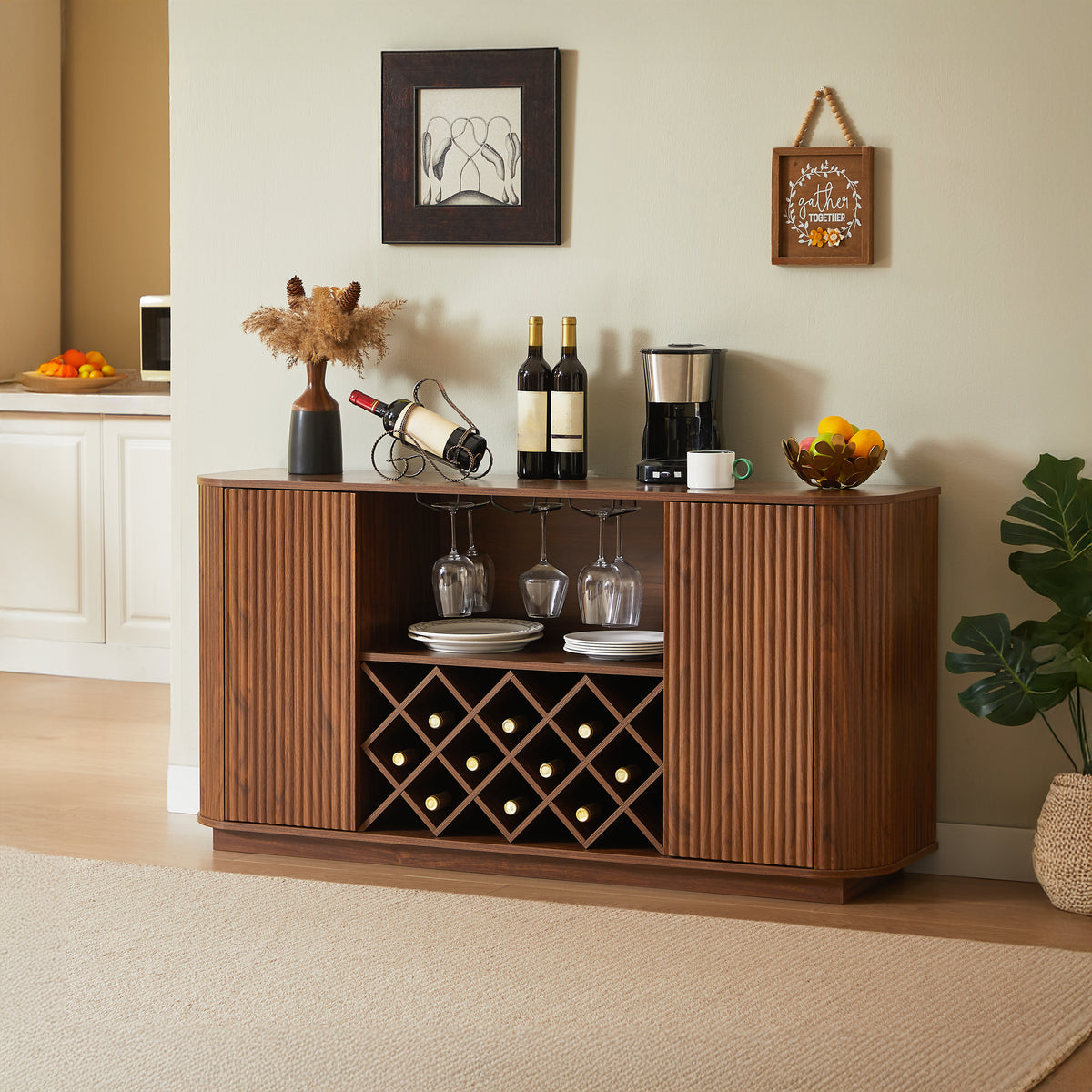 Modern 58" Wavy Sideboard with Wine Rack & Glassware Storage, Walnut