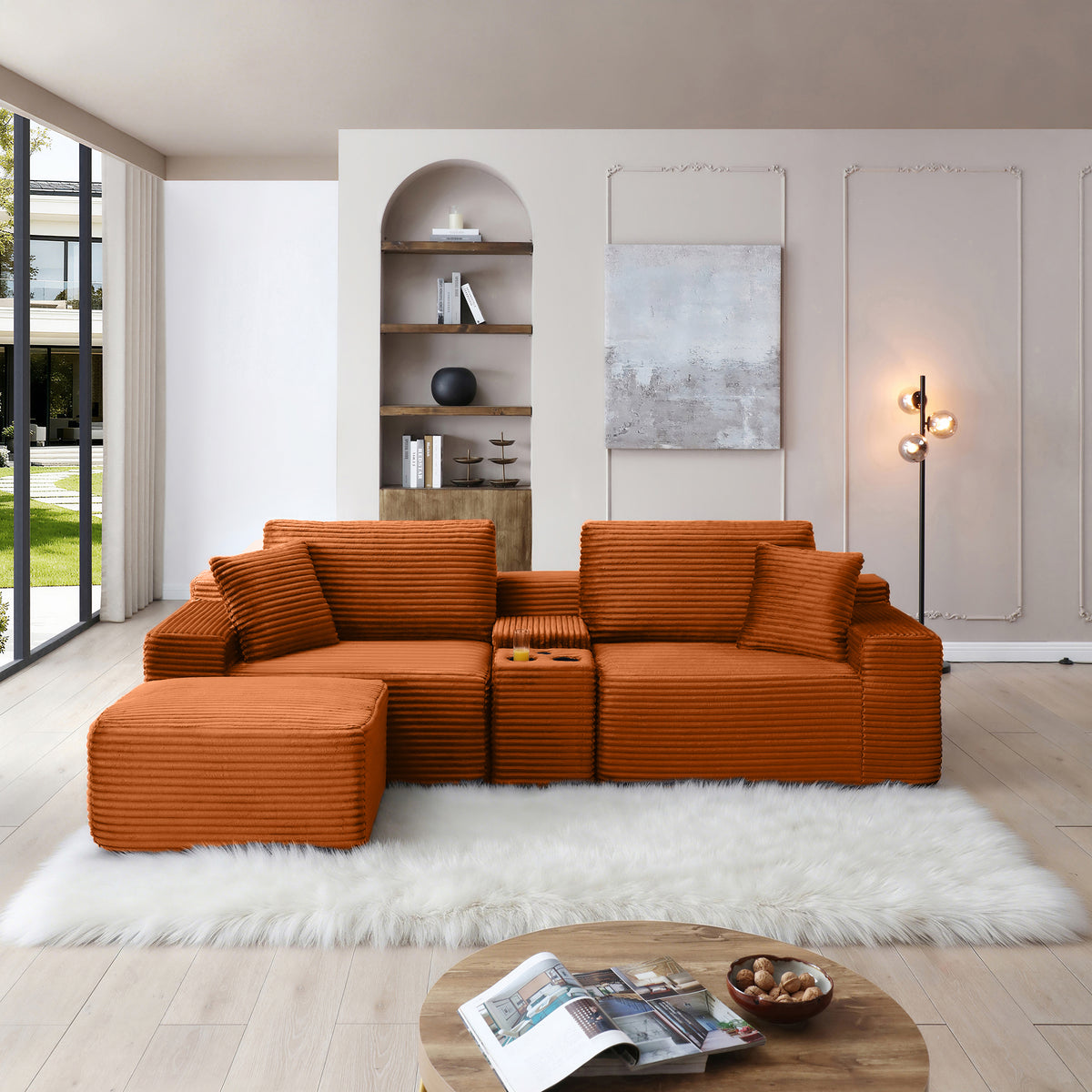 Plush Deep-Seat Corduroy Cloud Sectional with Storage, Charging & Movable Ottoman
