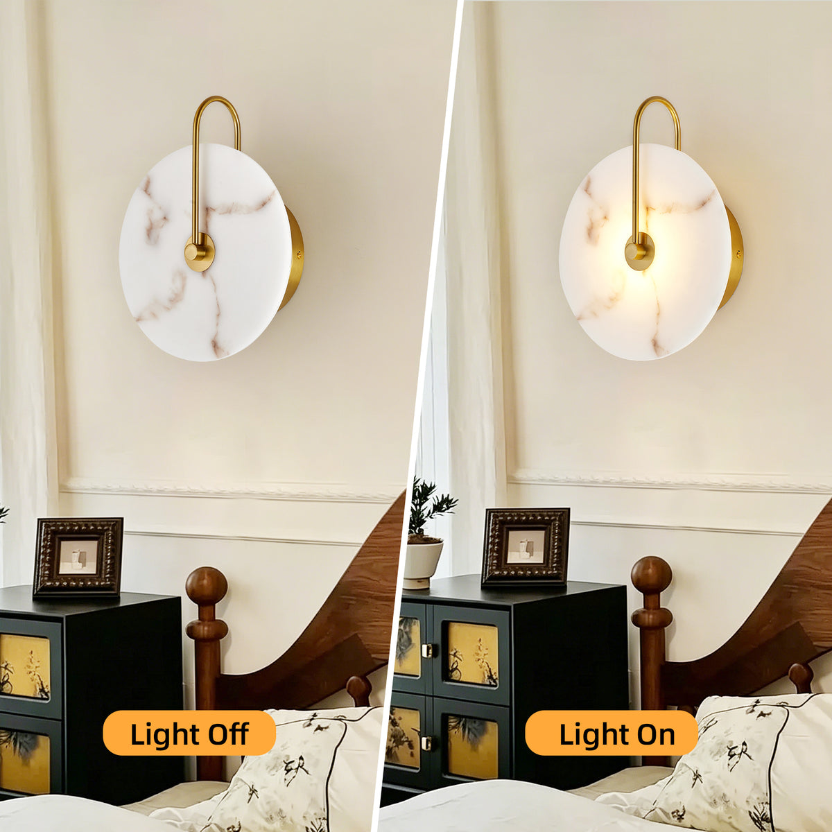Elegant 9.8" Round Alabaster Wall Sconce with Natural Marble Shade, Gold