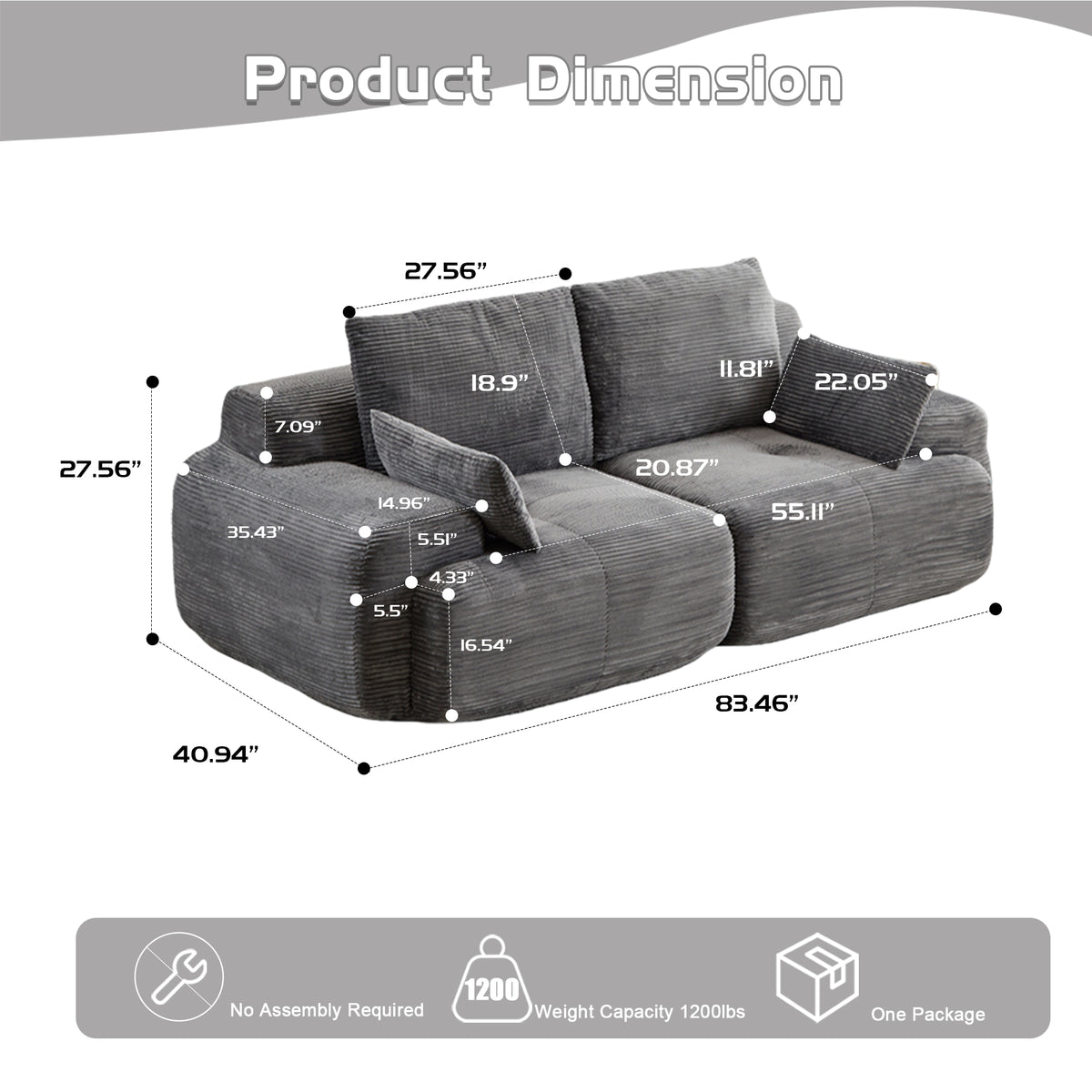 Plush 2-Seater Cloud Sofa in Soft Corduroy with Deep Memory Foam Comfort