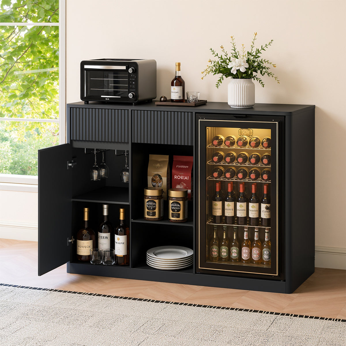 Fluted 51" Bar Cabinet with Fridge Space, Charging Hub & Wine Glass Rack, Black