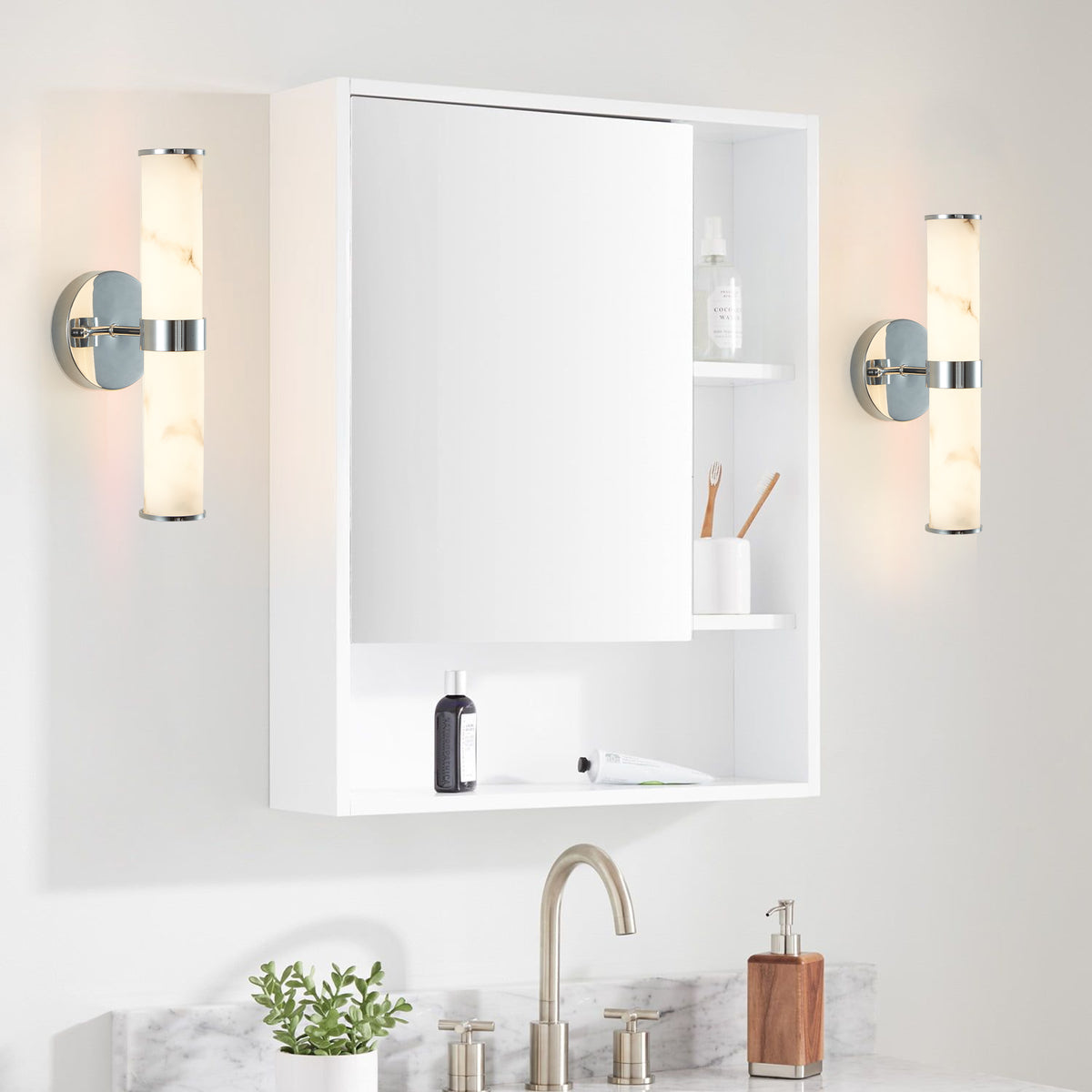 Elegant Faux Marble Chrome Wall Sconces, Set of 2