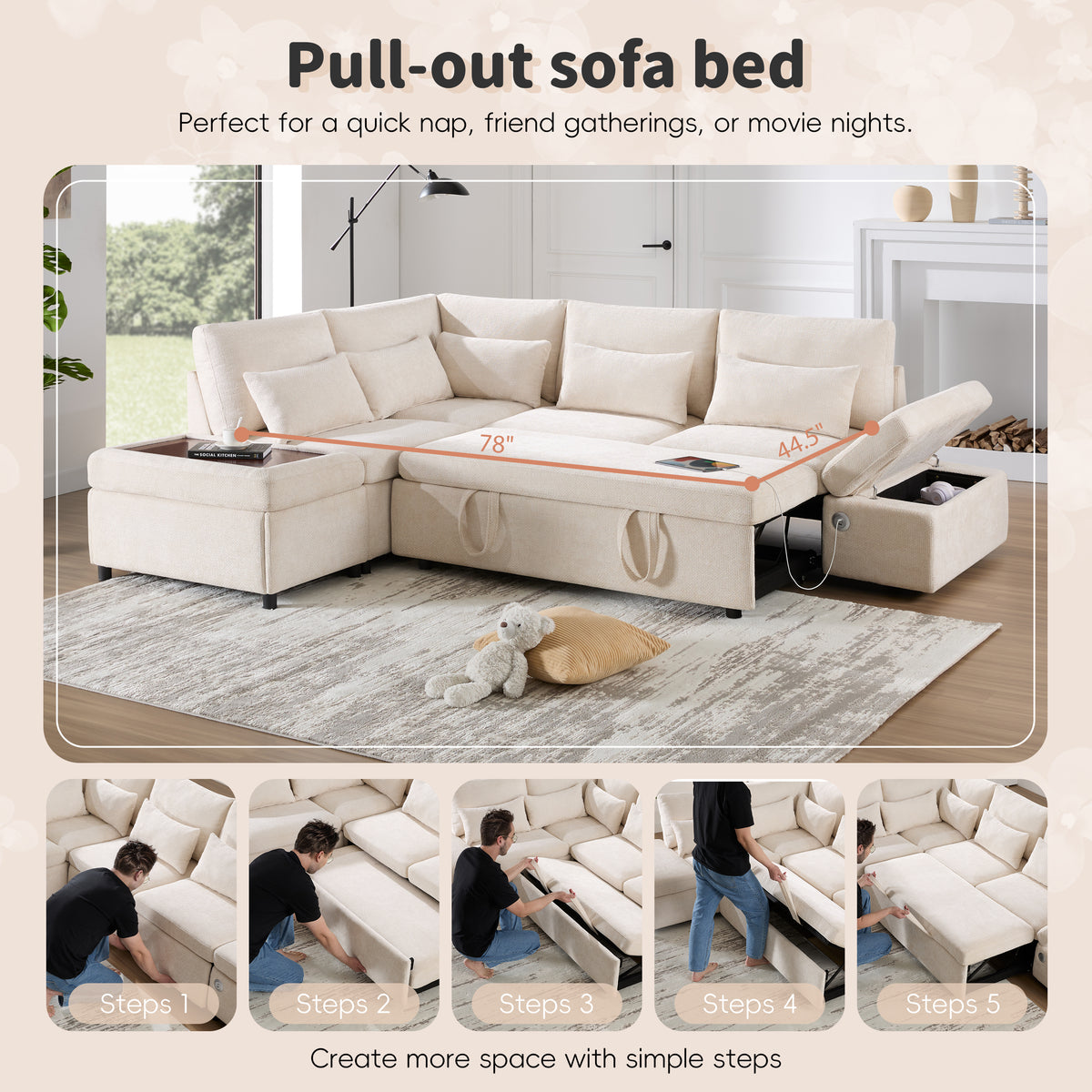 Versatile 107" L-Shaped Sleeper Sectional with Storage Ottoman & Fast Charging