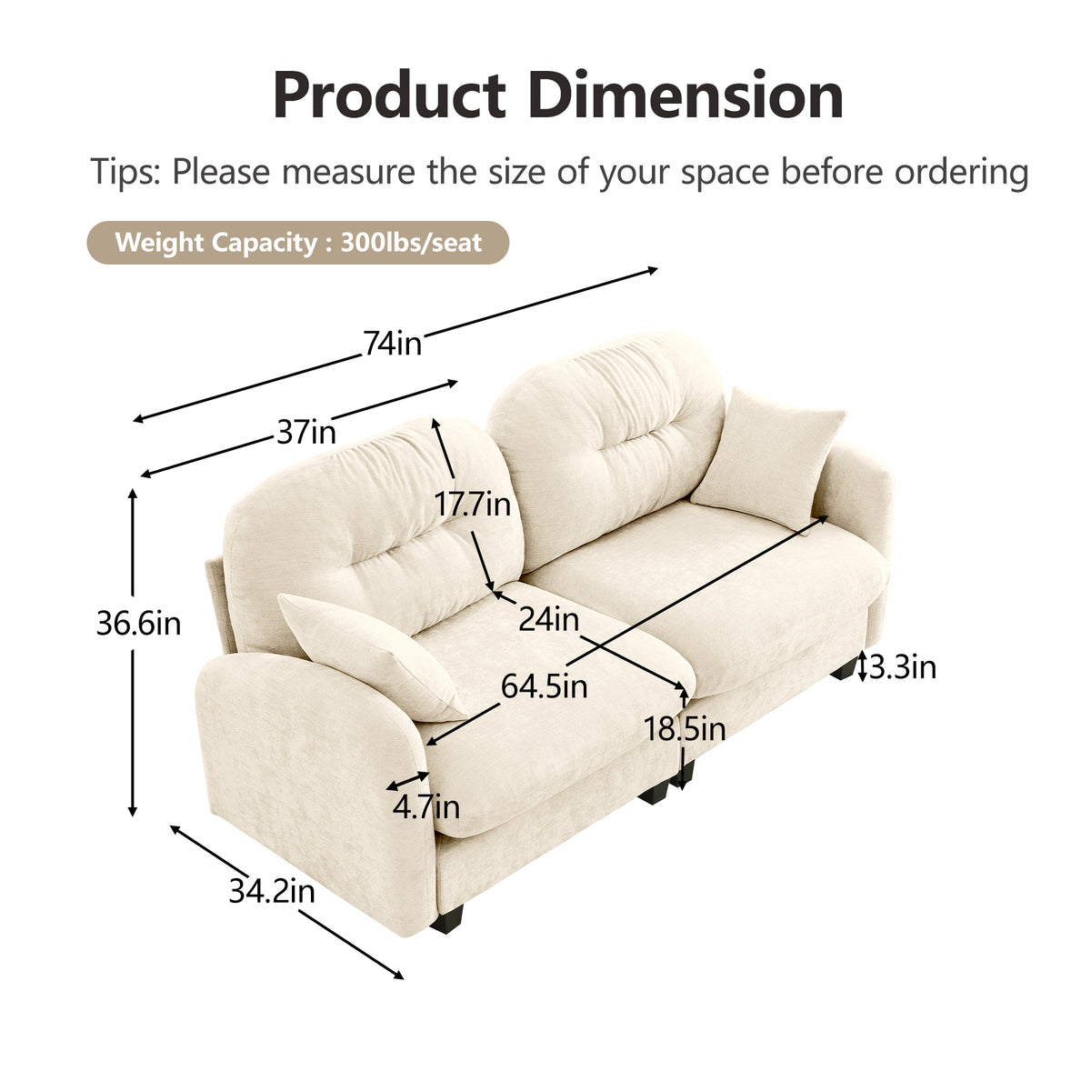 Plush L-Shaped Modular Sectional Sofa with Ottoman & Tufted Backrest, Beige