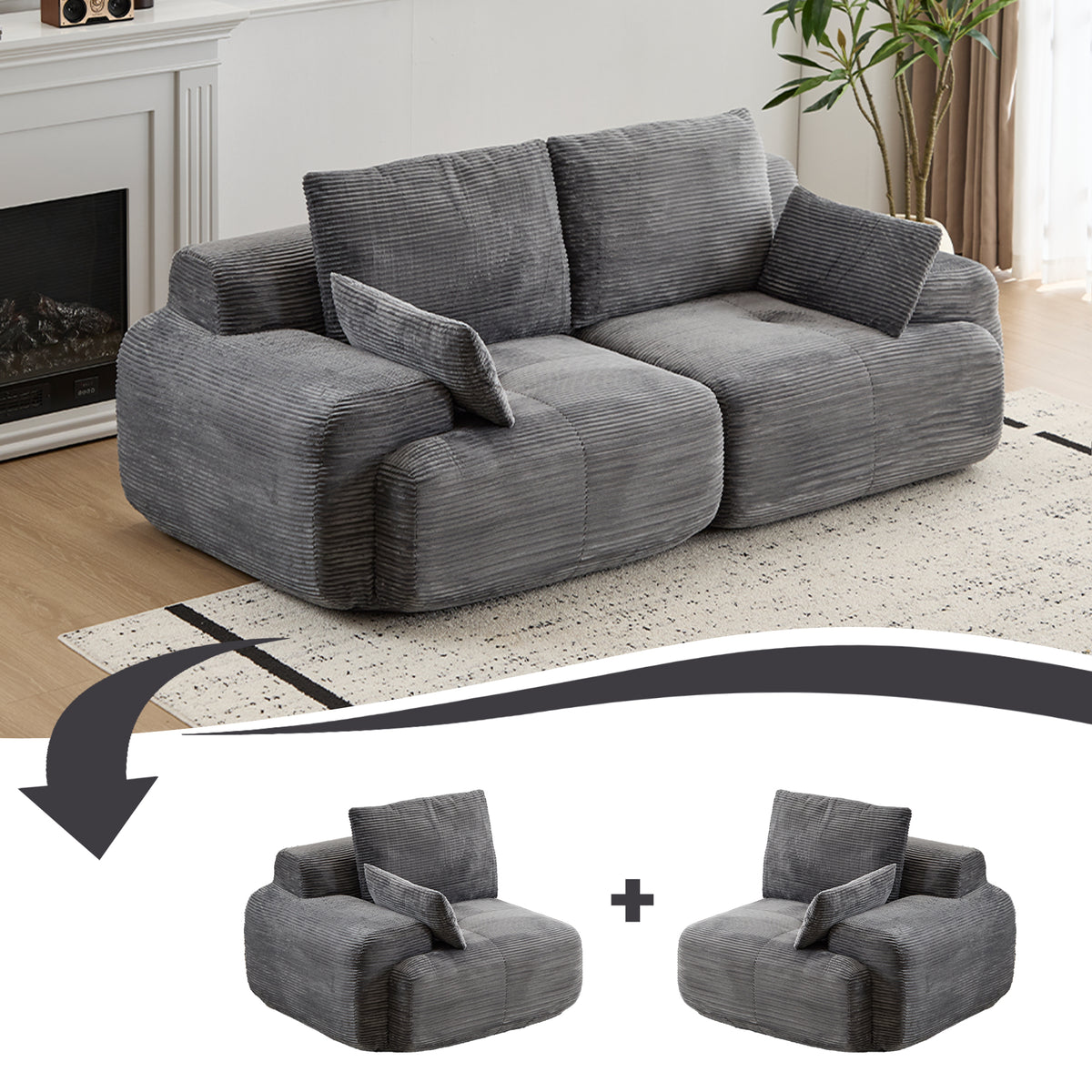 Plush 2-Seater Cloud Sofa in Soft Corduroy with Deep Memory Foam Comfort
