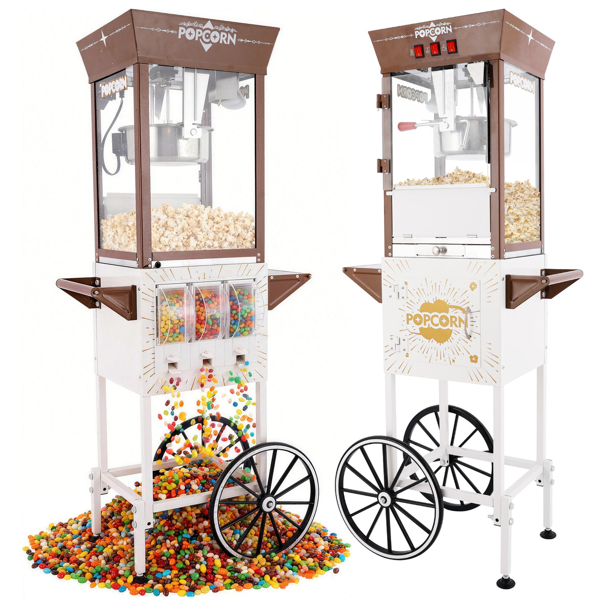 Classic 12 Oz Retro Popcorn Machine Cart with 3-Switch Control & 3 Candy Boxes, White