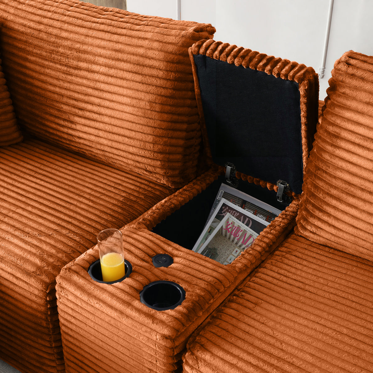 Plush Deep-Seat Corduroy Cloud Sectional with Storage, Charging & Movable Ottoman
