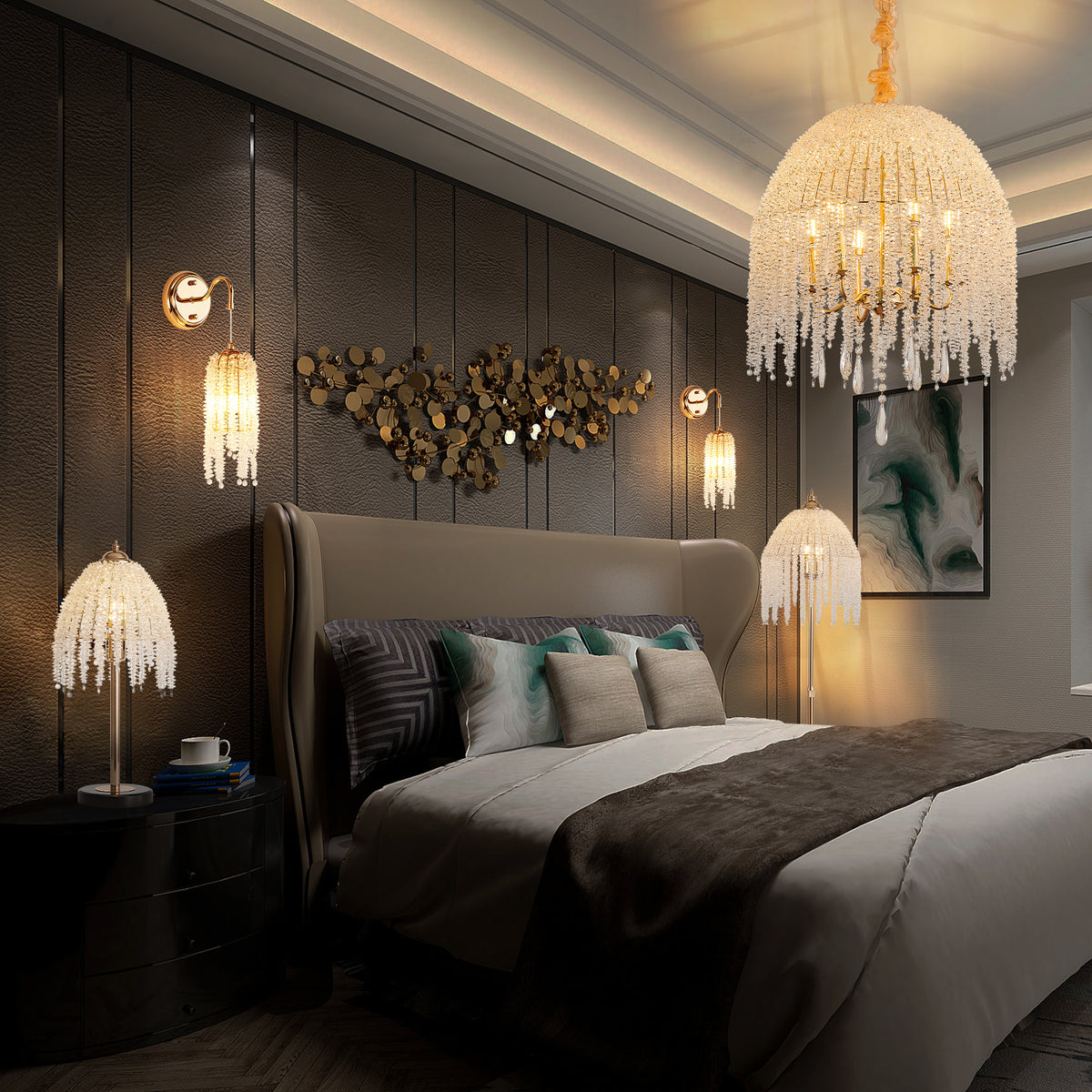 Glamorous Cascading Crystal Bead Wall Sconces, Set of 2, Gold