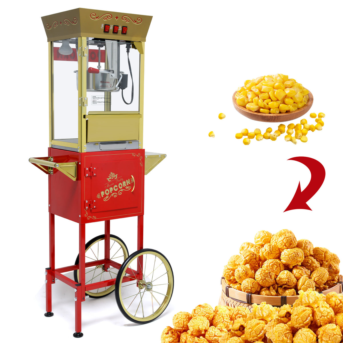 Classic 12 Oz Vintage Popcorn Machine Cart with Wheels & Stainless Steel Kettle