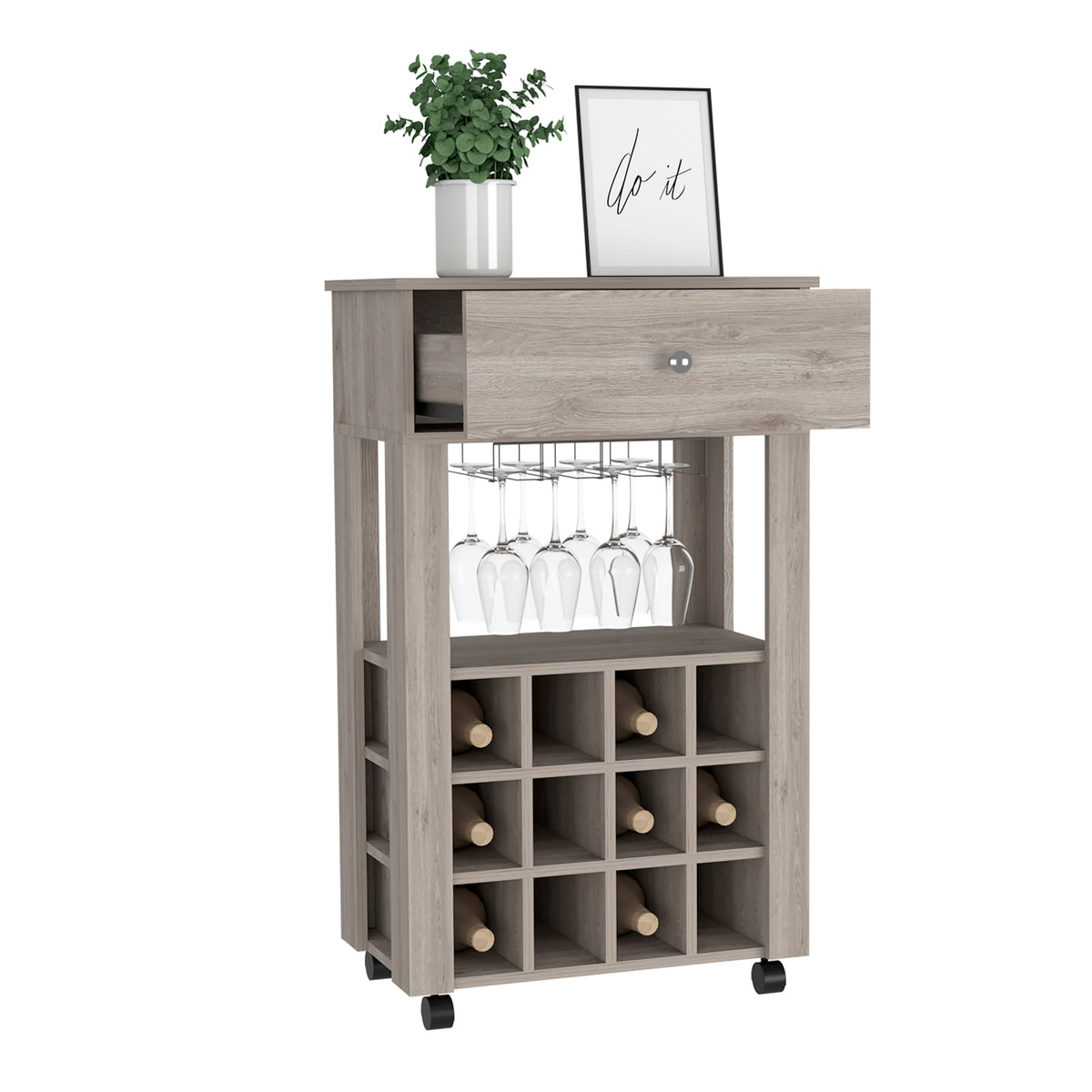 Versatile Rolling Bar Cart with 12-Bottle Wine Rack, Drawer & Glass Holder, Black