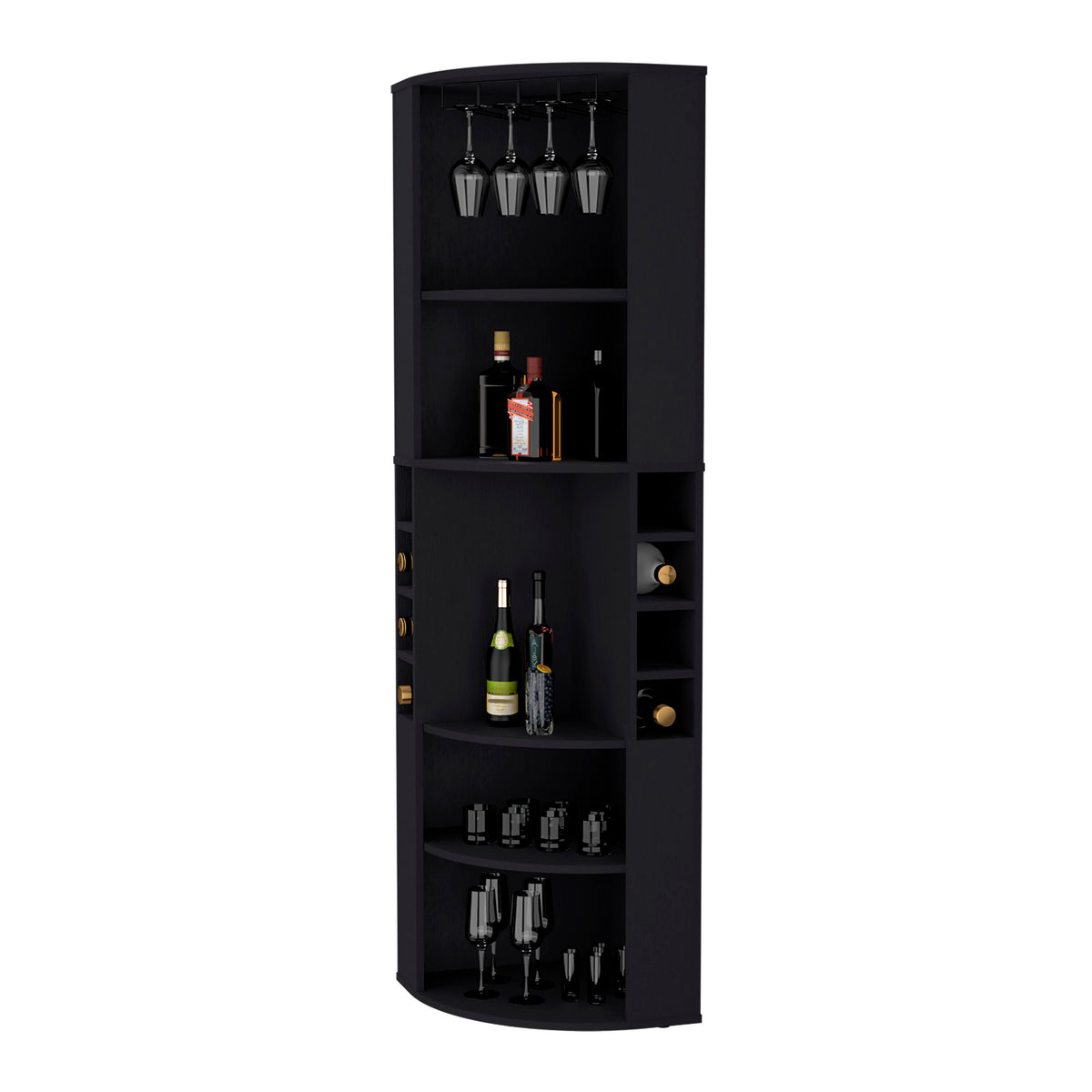 Space-Saving Corner Bar Cabinet with Wine Rack & Cup Hanger, Black