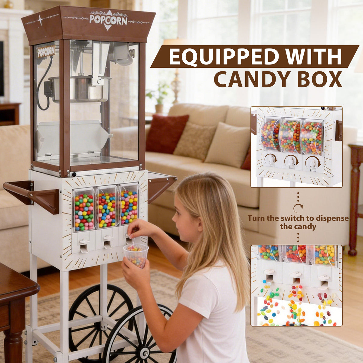 Classic 12 Oz Retro Popcorn Machine Cart with 3-Switch Control & 3 Candy Boxes, White
