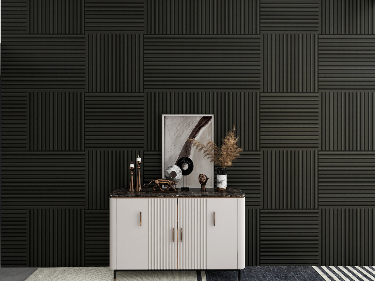 Acoustic Wood Slat Wall Panels, 4-Pack Sound-Absorbing Panels with Adhesive, Matte Black
