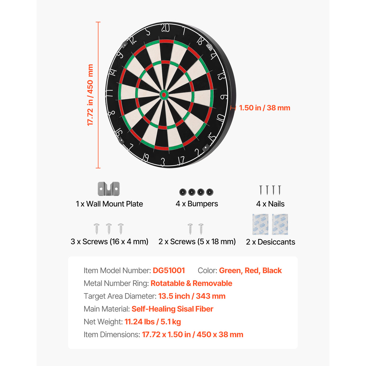Professional Self-Healing Sisal Dartboard with Blade Wire, 17.7"