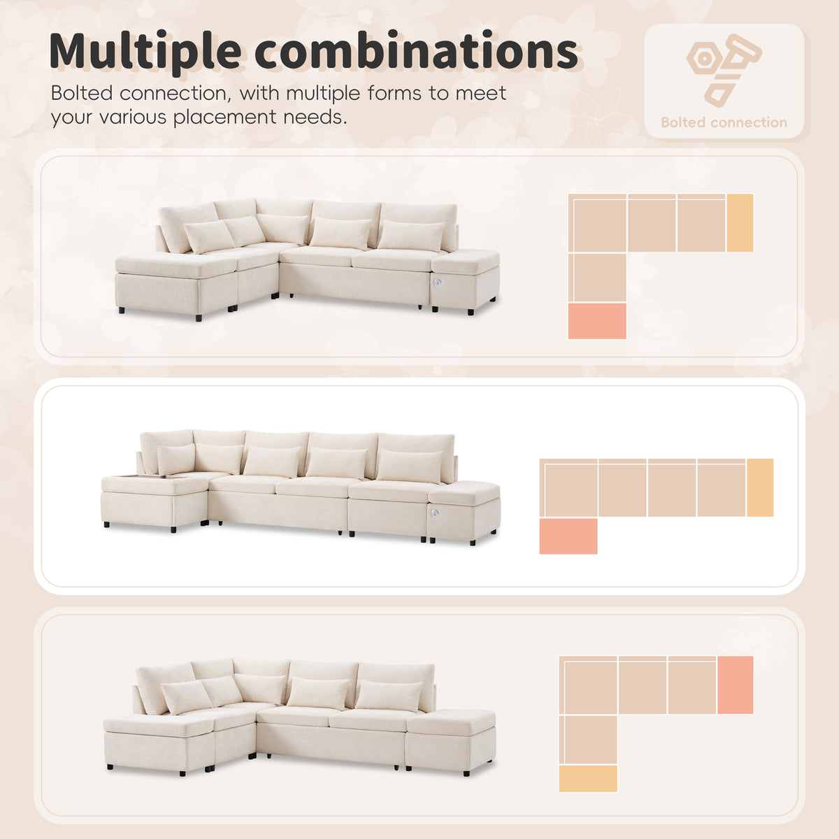 Versatile 107" L-Shaped Sleeper Sectional with Storage Ottoman & Fast Charging