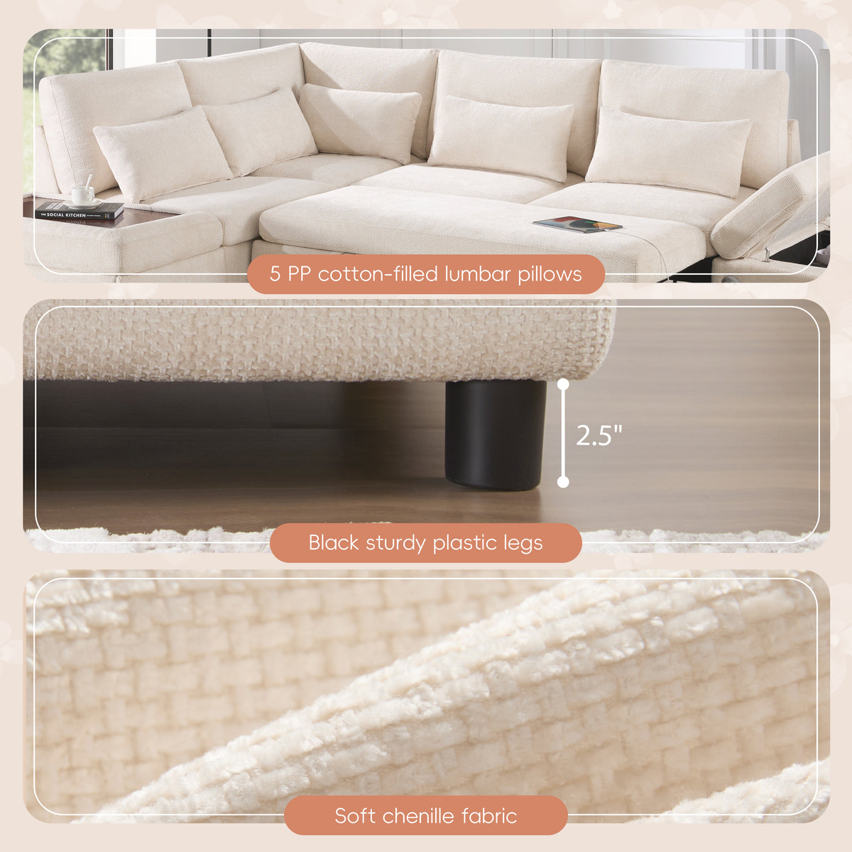 Versatile 107" L-Shaped Sleeper Sectional with Storage Ottoman & Fast Charging