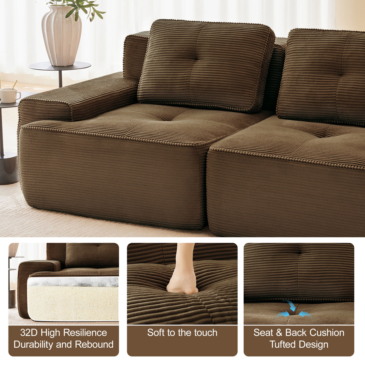 Oversized 6-Seater V-Shaped Corduroy Sectional with Dual Movable Ottomans