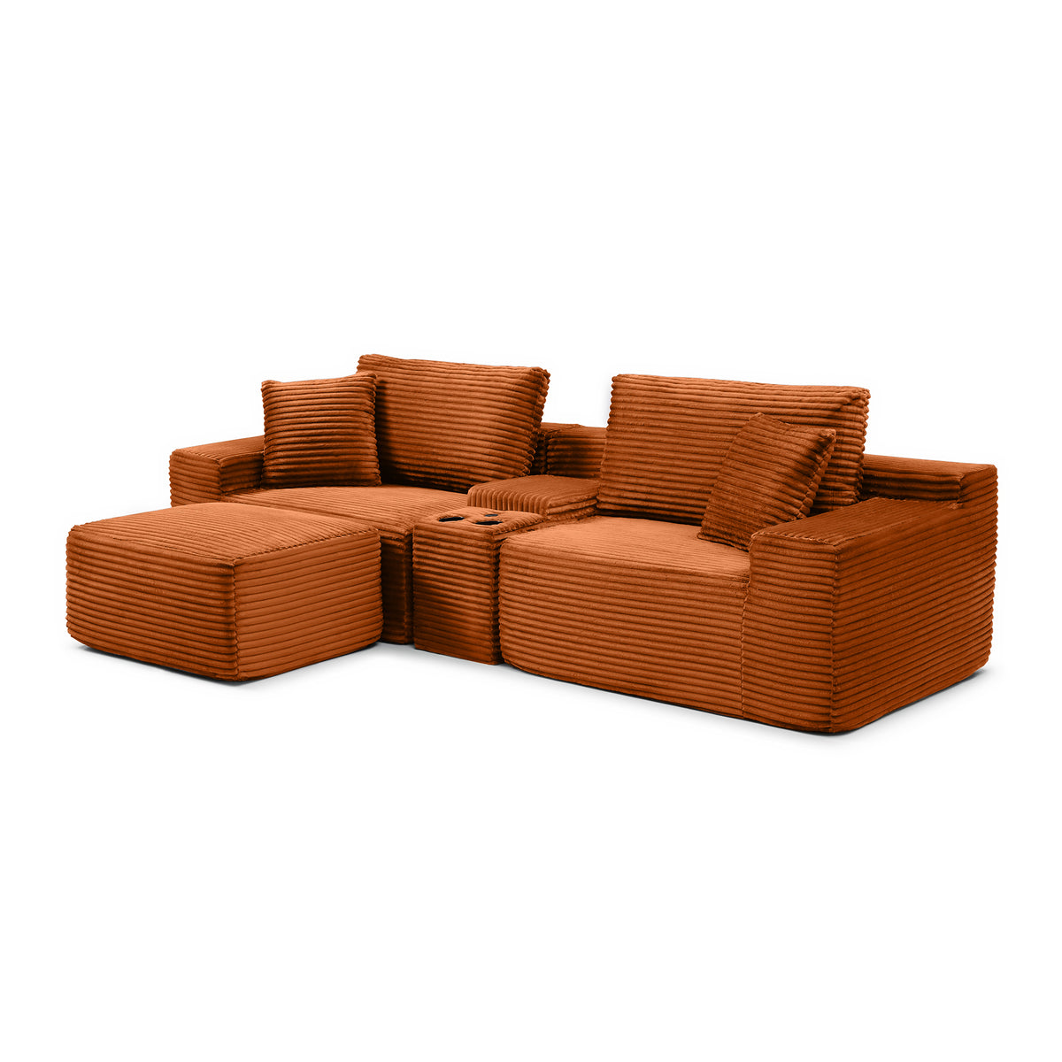 Plush Deep-Seat Corduroy Cloud Sectional with Storage, Charging & Movable Ottoman