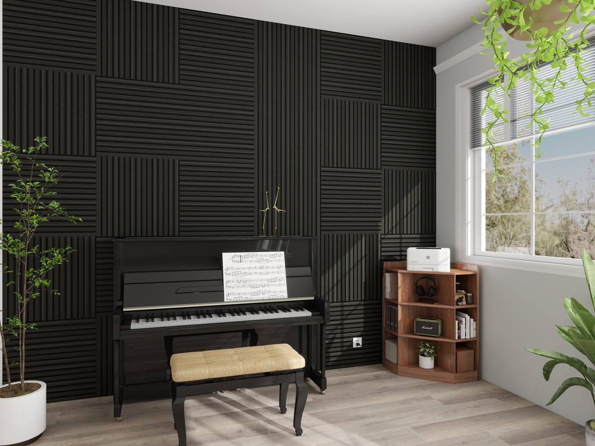 Acoustic Wood Slat Wall Panels, 4-Pack Sound-Absorbing Panels with Adhesive, Matte Black