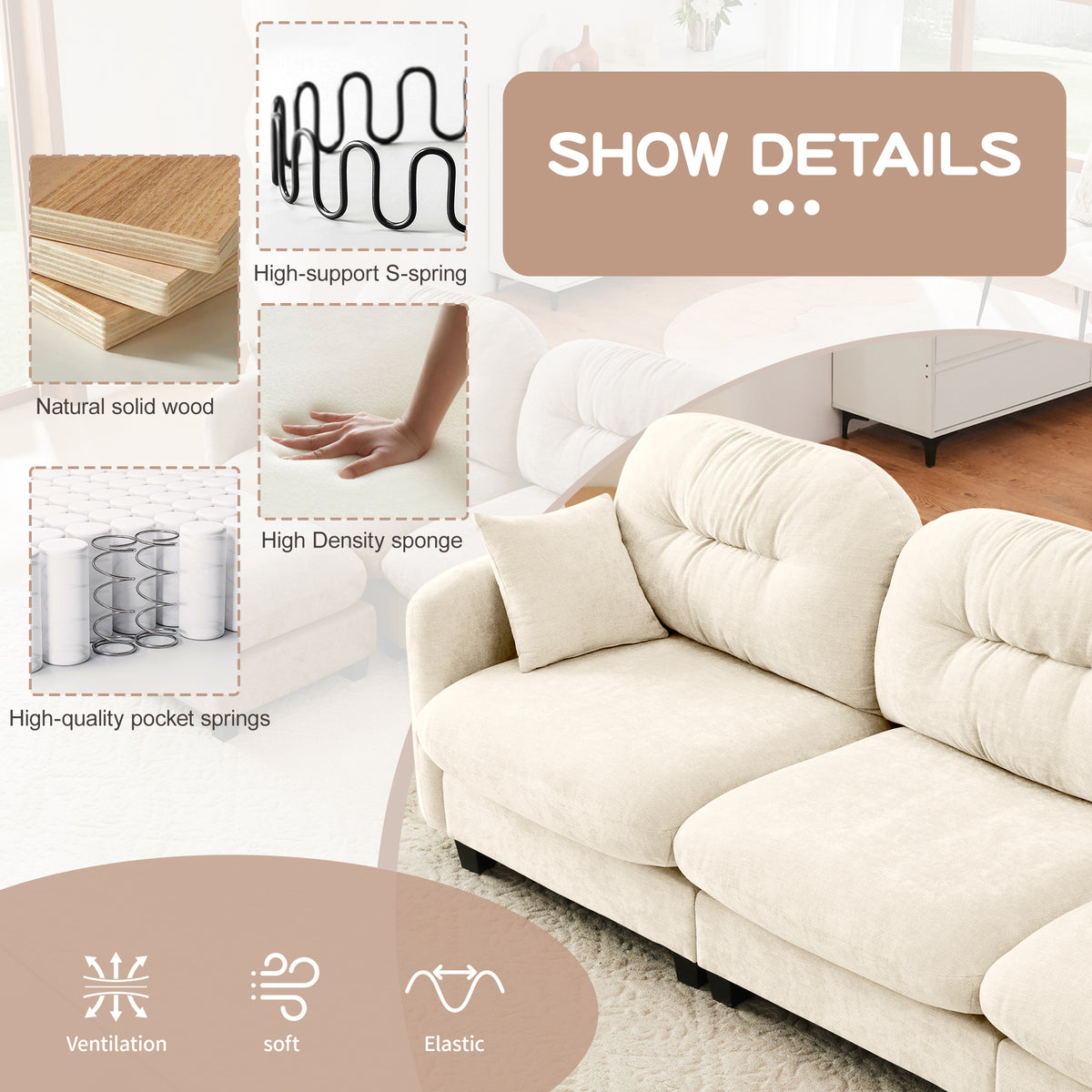 Plush L-Shaped Modular Sectional Sofa with Ottoman & Tufted Backrest, Beige