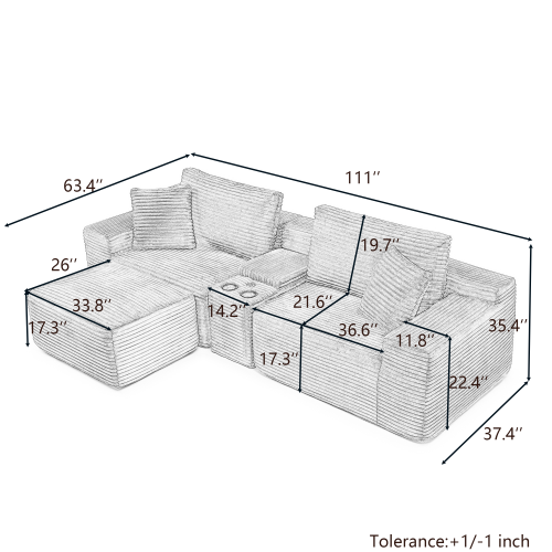 Plush Deep-Seat Corduroy Cloud Sectional with Storage, Charging & Movable Ottoman