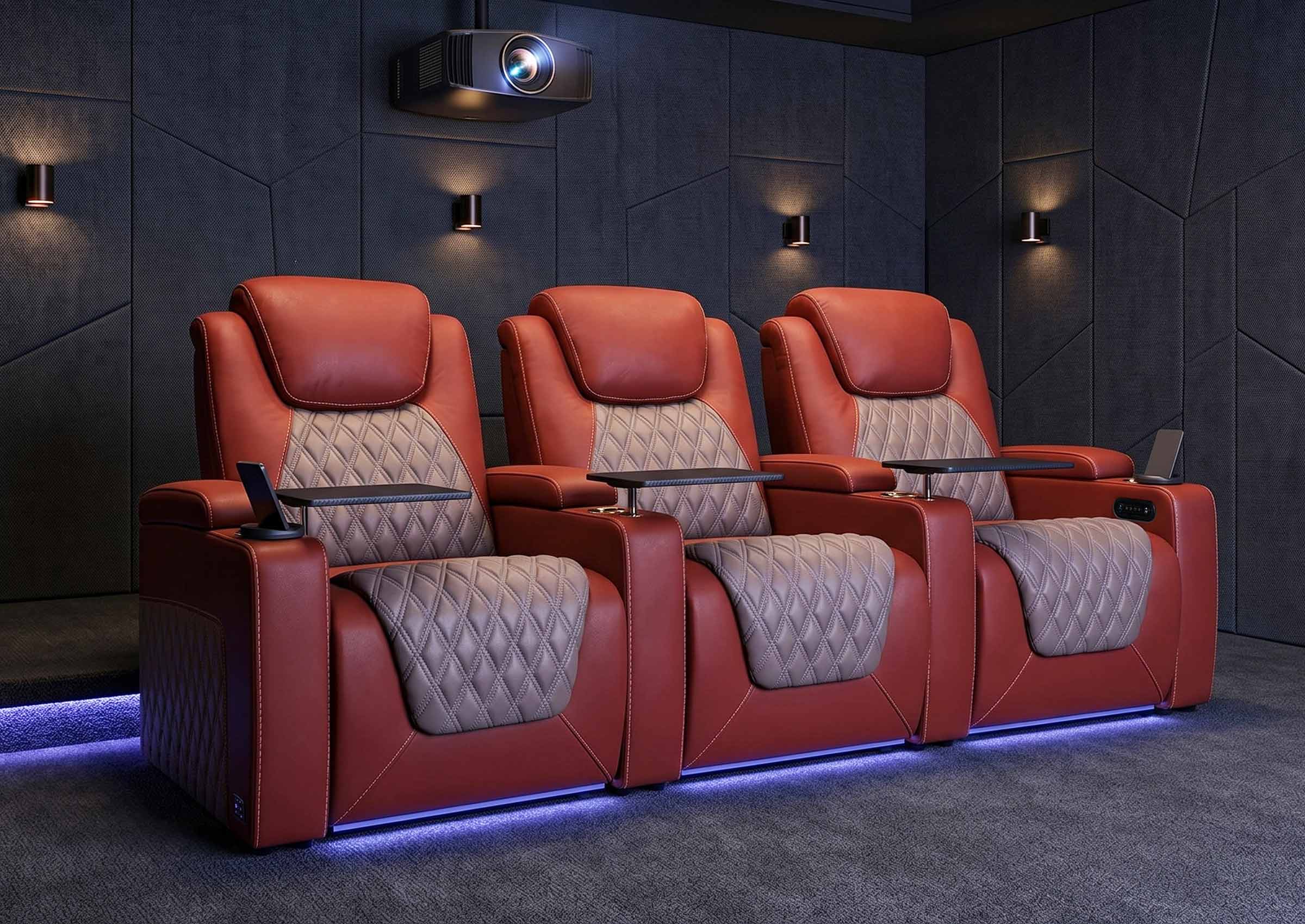 Weilianda Chic Series Red Custom 3-Seat Two-Tone Leather Theater Couch | Power Headrest Reclining