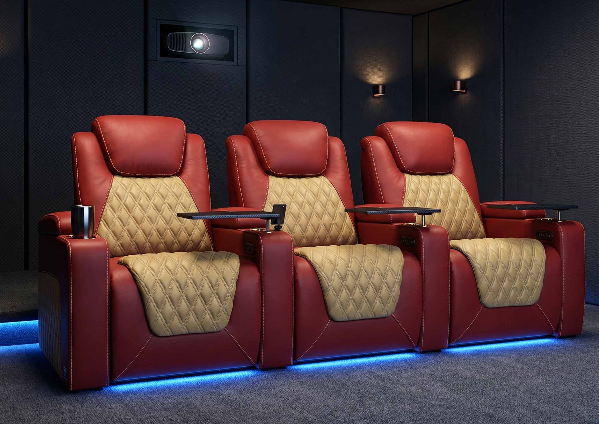 Weilianda Chic Series Red Custom 3-Seat Two-Tone Leather Theater Couch | Power Headrest Reclining