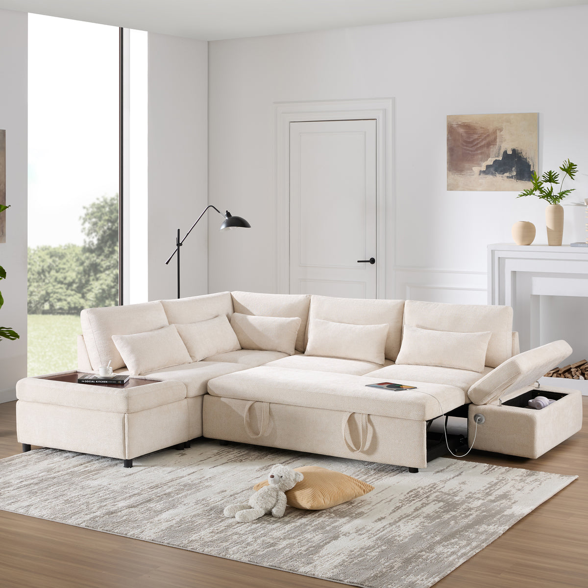 Versatile 107" L-Shaped Sleeper Sectional with Storage Ottoman & Fast Charging