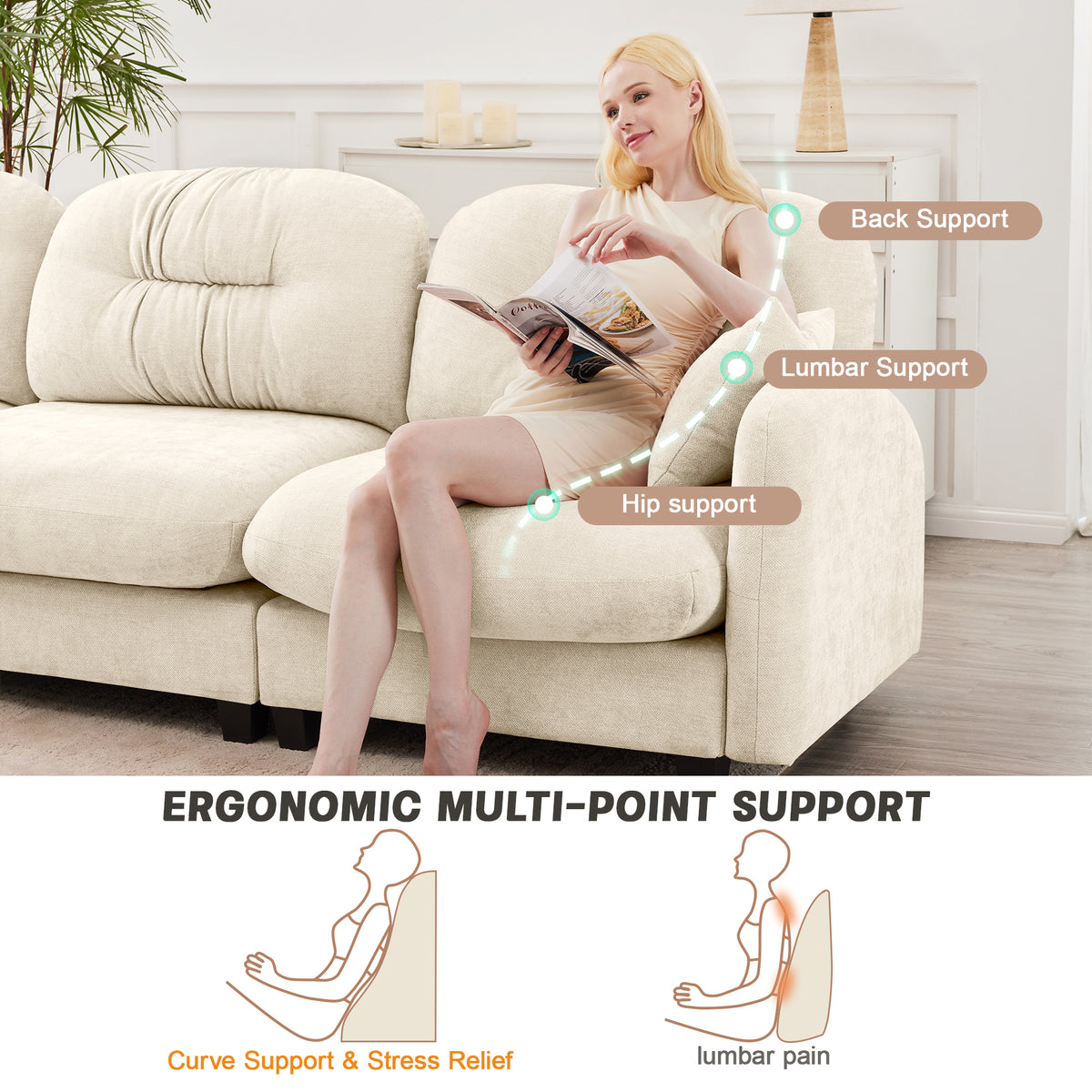 Plush L-Shaped Modular Sectional Sofa with Ottoman & Tufted Backrest, Beige