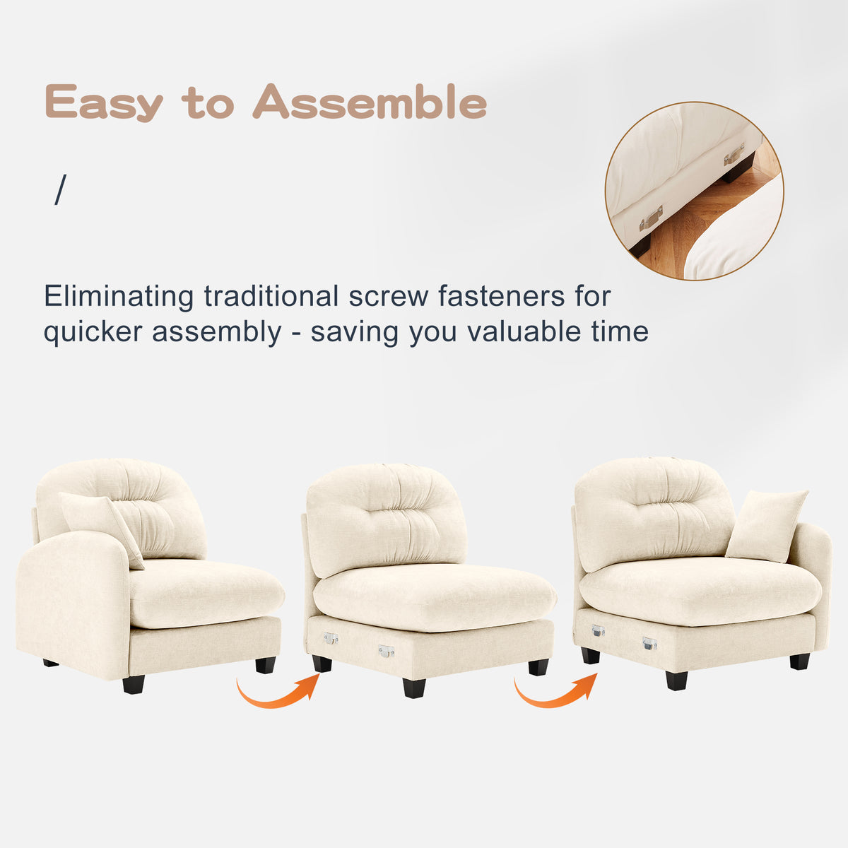 Plush L-Shaped Modular Sectional Sofa with Ottoman & Tufted Backrest, Beige