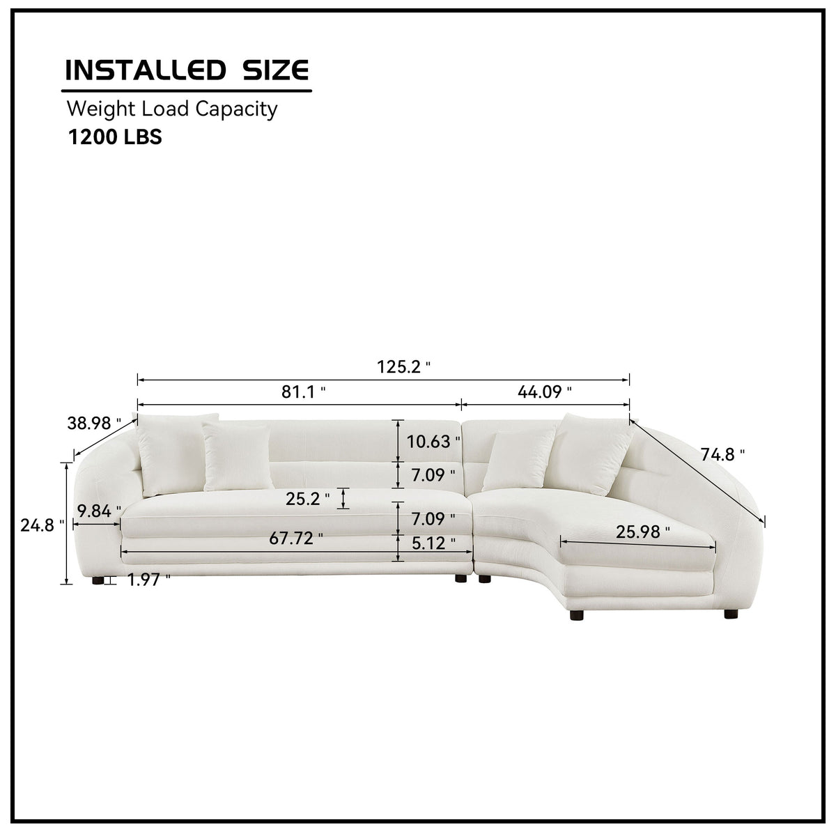 Elegant 125.2" Curved L-Shaped Modular Sectional with Plush Comfort Pillows