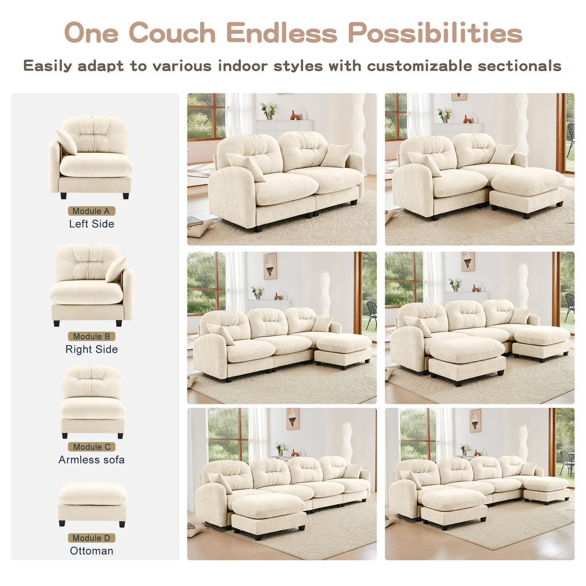 Plush L-Shaped Modular Sectional Sofa with Ottoman & Tufted Backrest, Beige