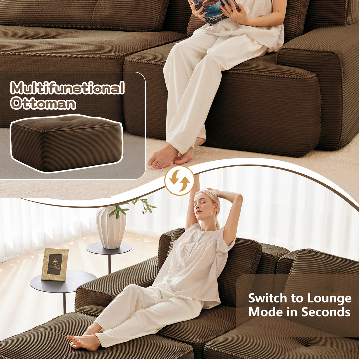 Oversized 6-Seater V-Shaped Corduroy Sectional with Dual Movable Ottomans