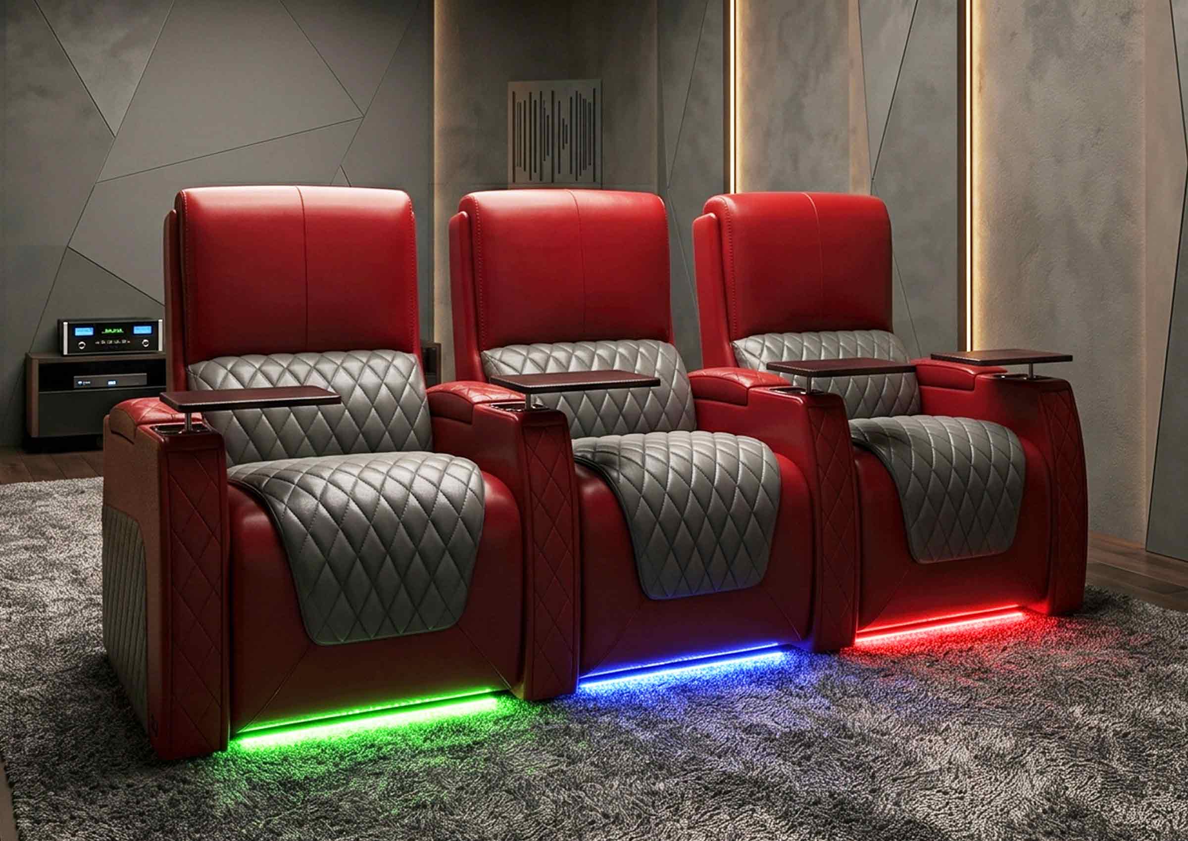 Weilianda AstroUltra Series Red Custom Two-Tone 3-Seat Movie Theater Seats with Adjustable Headrest