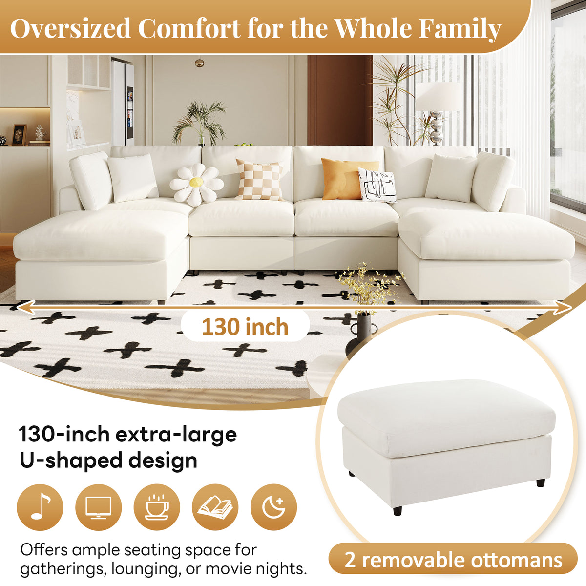 Spacious 128" U-Shaped Modular Sectional with Dual Movable Ottomans