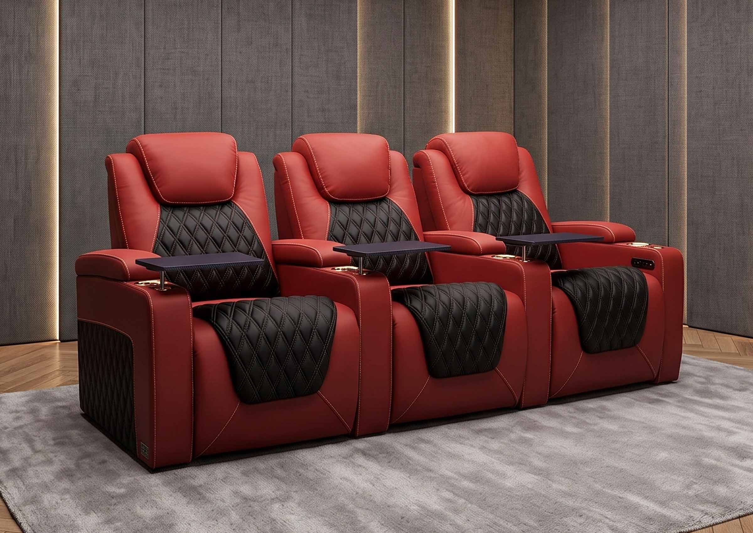 Weilianda Chic Series Red Custom 3-Seat Two-Tone Leather Theater Couch | Power Headrest Reclining
