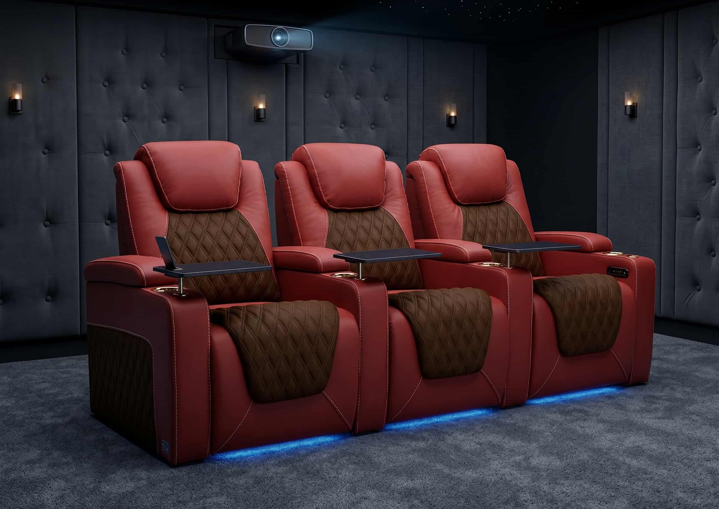Weilianda Chic Series Red Custom 3-Seat Two-Tone Leather Theater Couch | Power Headrest Reclining