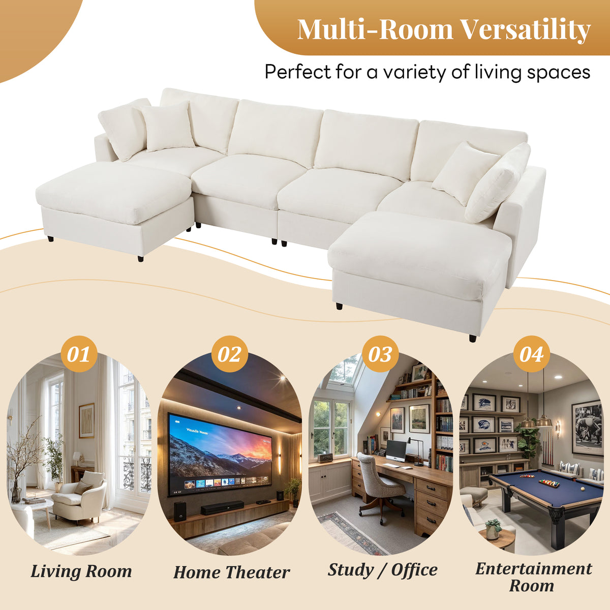 Spacious 128" U-Shaped Modular Sectional with Dual Movable Ottomans