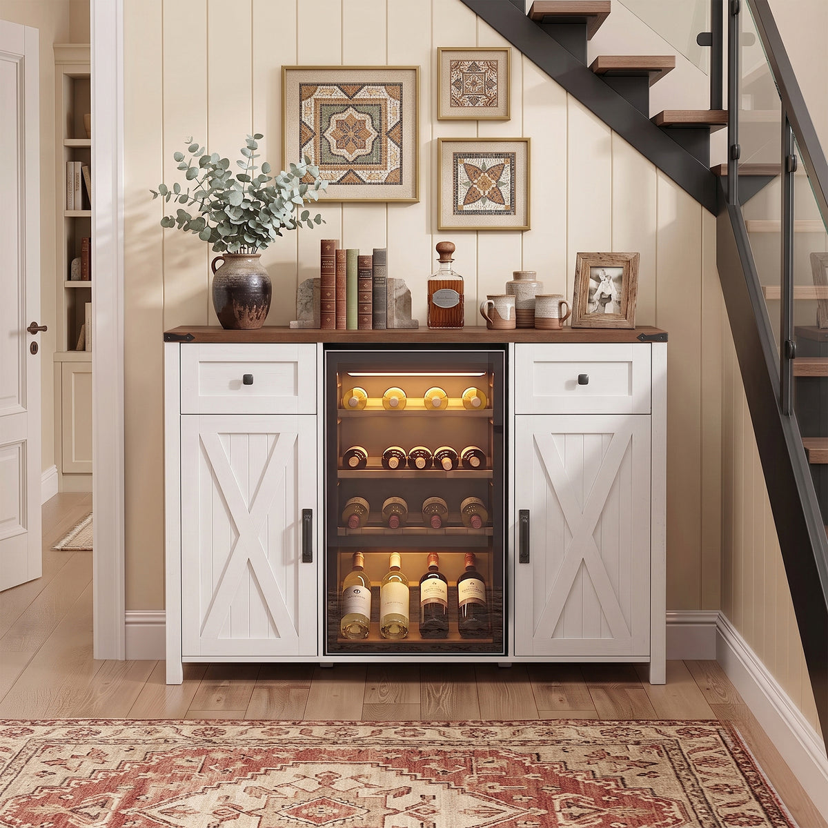 53.2" Farmhouse Fridge Cabinet Cabinet with Power Outlet, White