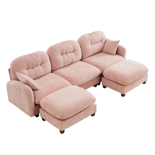 Plush L-Shaped Modular Sectional Sofa with Ottoman & Tufted Backrest, Beige
