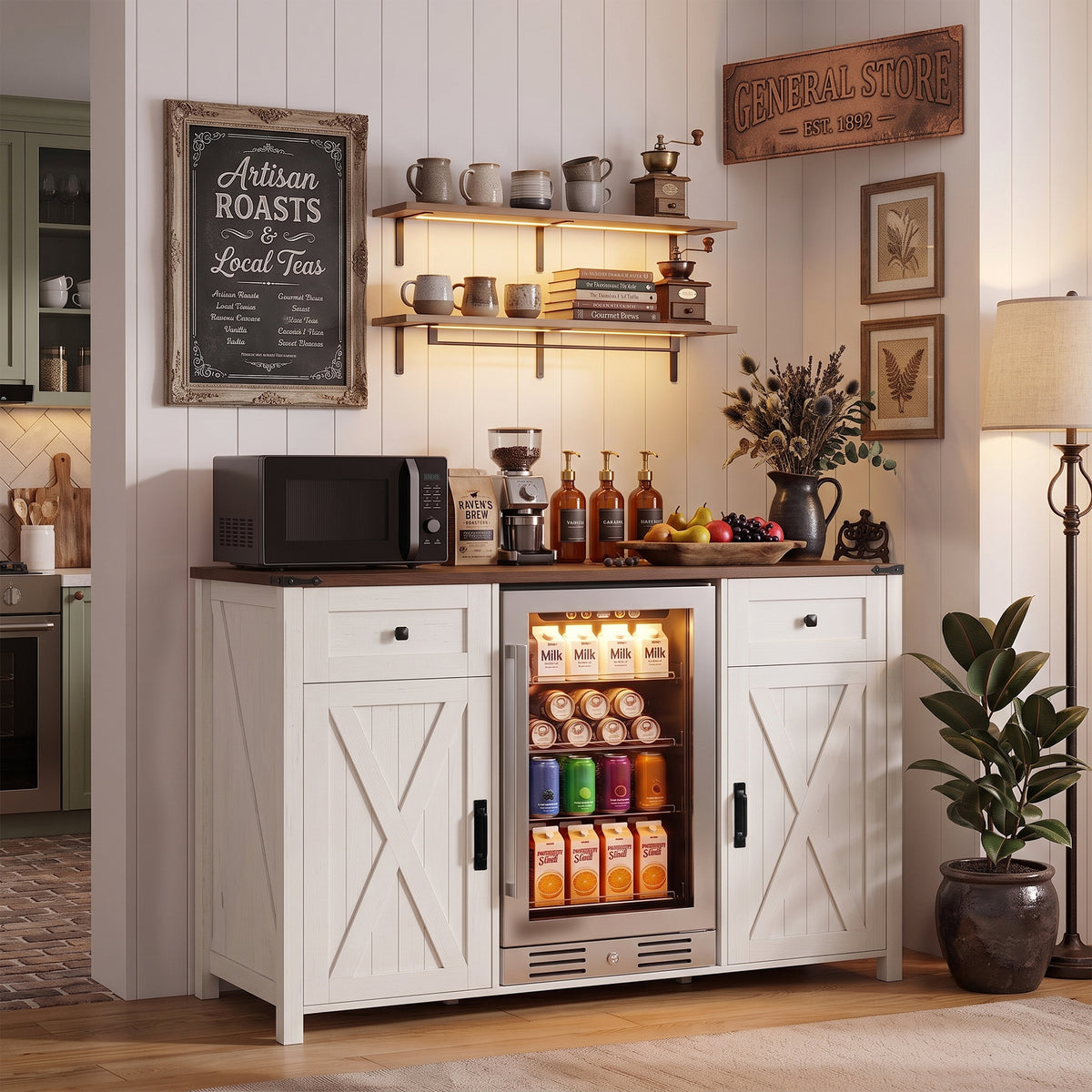53.2" Farmhouse Fridge Cabinet Cabinet with Power Outlet, White