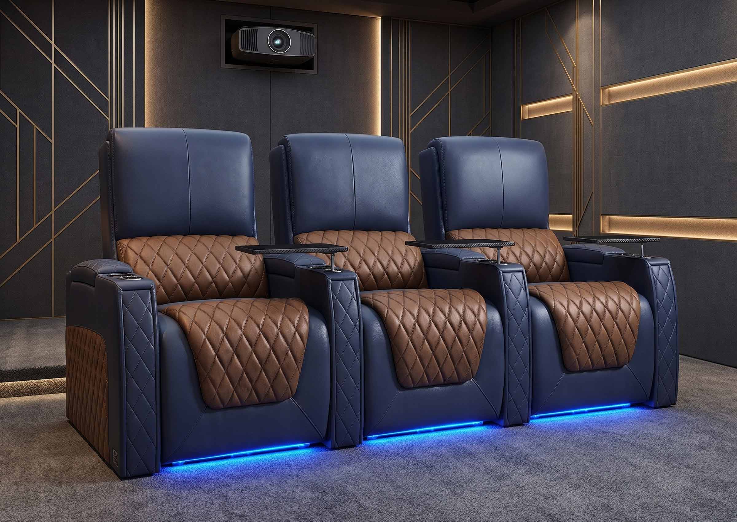 Weilianda AstroUltra Series Blue Custom Dual-Color 3-Seat Home Theater Recliner with Power Headrest & Footrest
