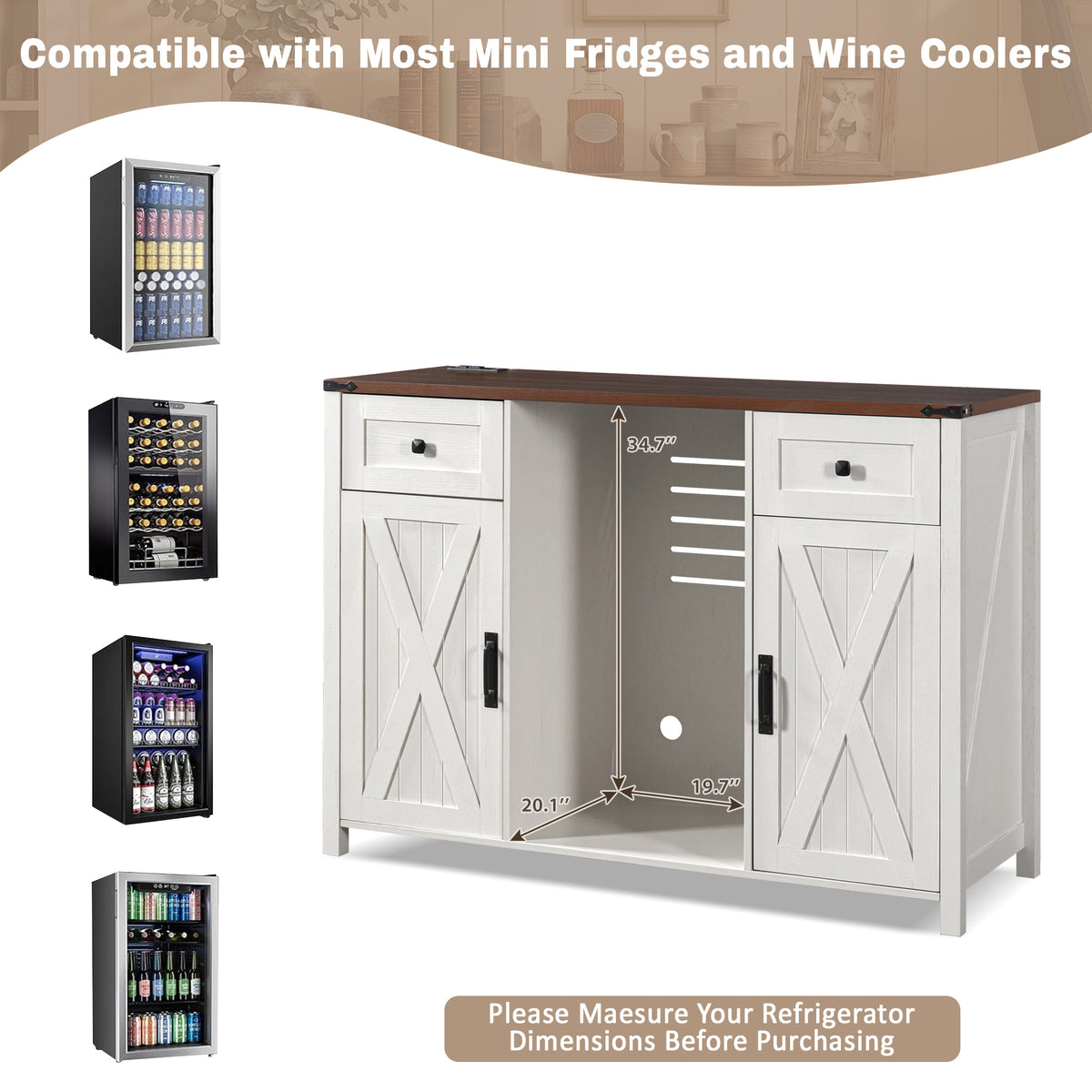 53.2" Farmhouse Fridge Cabinet Cabinet with Power Outlet, White